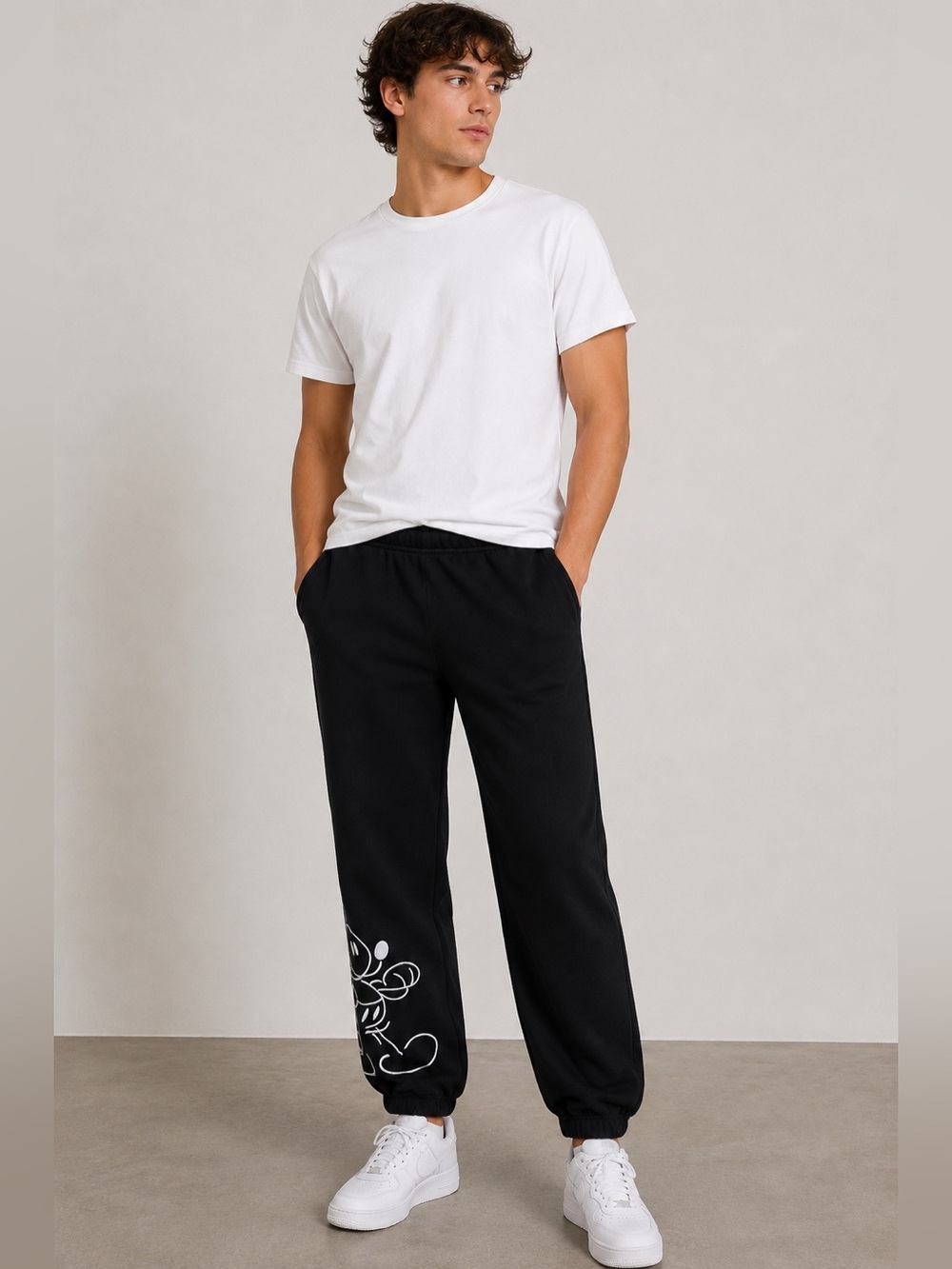 Disney Men's Black Joggers with Embroidered Mickey Mouse Graphic